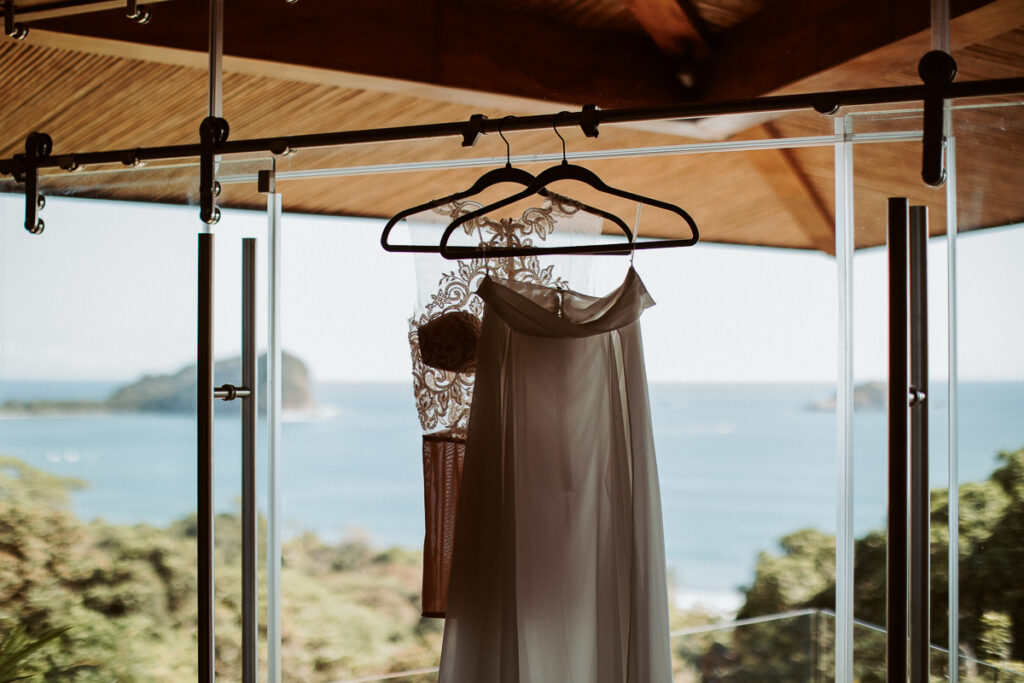 brides dress hanging